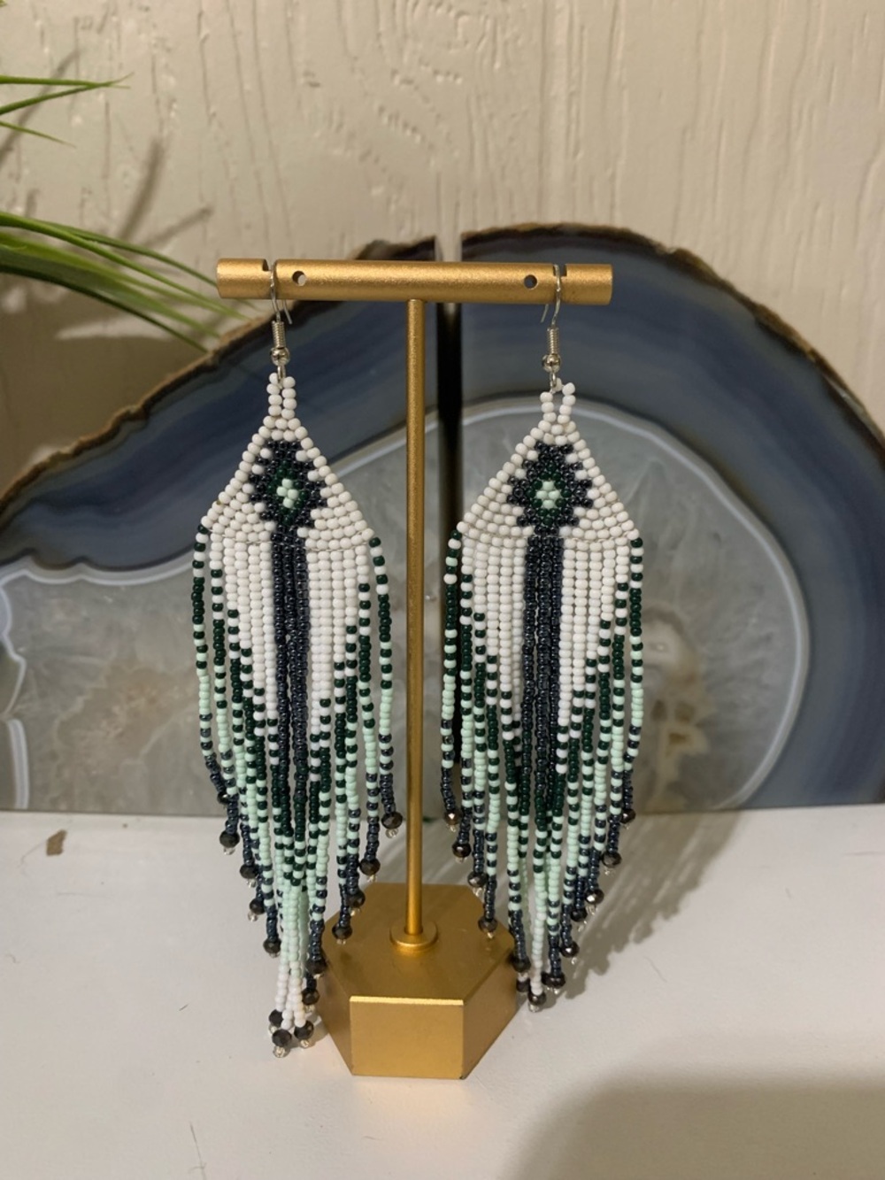 Handcrafted White, Green & Black Beaded Fringe Earrings